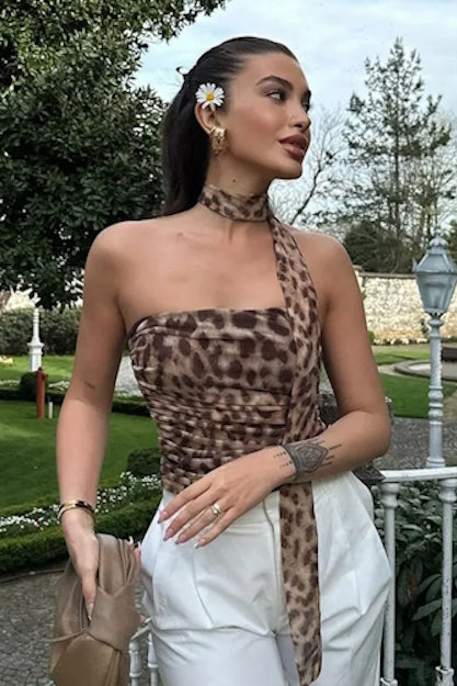 Leopard Print Bandeau Top with Scarf